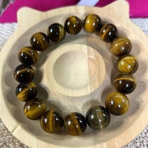 Natural Tigers Eye Beaded 12mm Stretch 7" Bracelet Gold Brown Chatoyant Gemstone